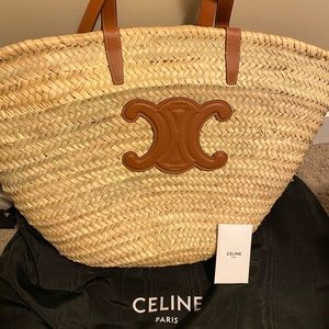 Authentic Celine large triomphe basket  bag raffia and calfskin